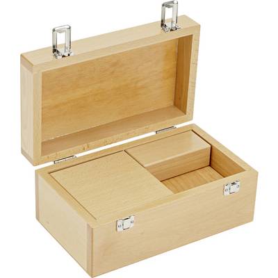 Holzkiste mit offenen Deckeln, zeigt Innenfächer.