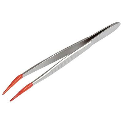 Eine silberne Metallpinzette mit roten Schutzkappen an den Spitzen liegt auf weißem Hintergrund.