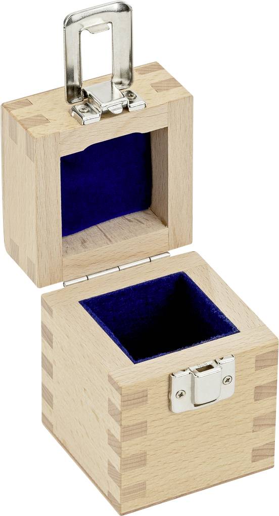 Holzkiste mit blauer Samtauskleidung, geöffnet, mit Metallscharnier und Verschluss. Ideal zur Aufbewahrung kleiner Gegenstände.