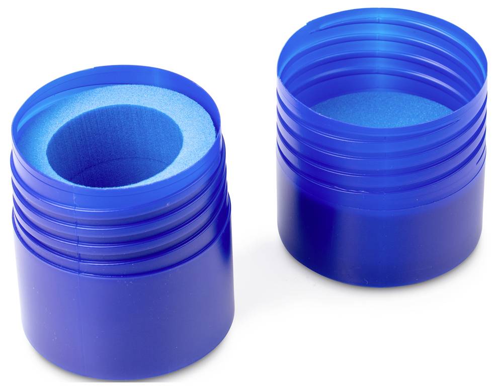 Zwei blaue, zylinderförmige Plastikverschlüsse; einer zeigt die Außenseite, der andere die Innenseite mit Gewinde.