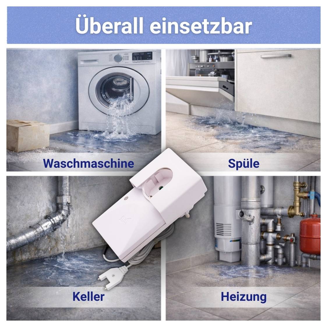 Infografik, die einen Wasserleck-Alarm zeigt, der "Überall einsetzbar" ist für Waschmaschine, Spüle, Keller und Heizungsbereiche.