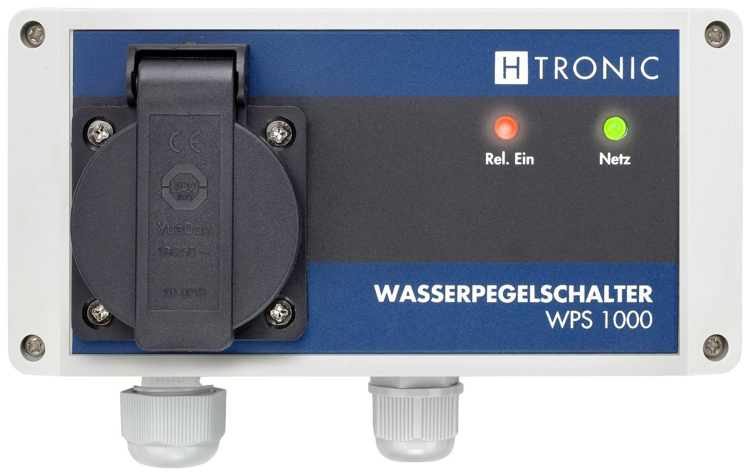 Ein Wasserschaltergerät mit der Aufschrift 'Wasserpegelschalter WPS 1000'. Zwei Leuchten: eine zeigt Netzbetrieb, die andere Betriebsstatus.