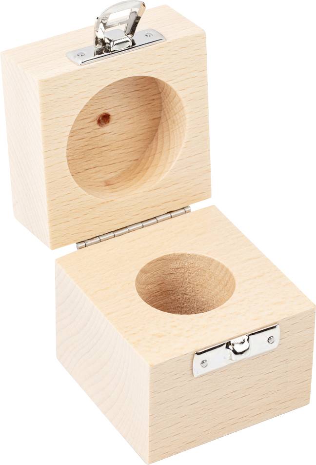 Ein rechteckiger Holzbehälter mit Scharnier und einem runden, vertieften Fach.