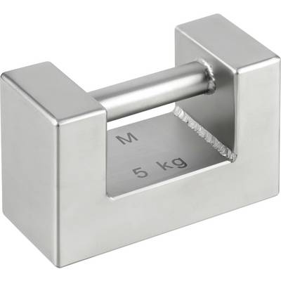 Ein 5 kg Prüfgewicht aus Metall mit quadratischer Form und einem mittigen Griff für Kalibrierungszwecke.