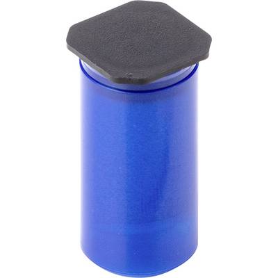 Blauer Zylinder mit schwarzem, sechseckigem Deckel.