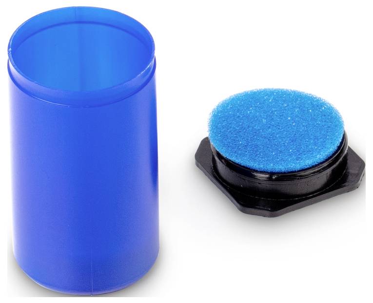 Blaues Röhrchen neben einem abnehmbaren, blauen Schwammdeckel. Der Deckel könnte als Verschluss oder Filter verwendet werden.