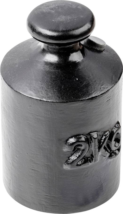 Schwarzes Gewicht aus Metall mit der Aufschrift '2 kg' an der Seite, zylindrisch mit einem flachen Griff oben.