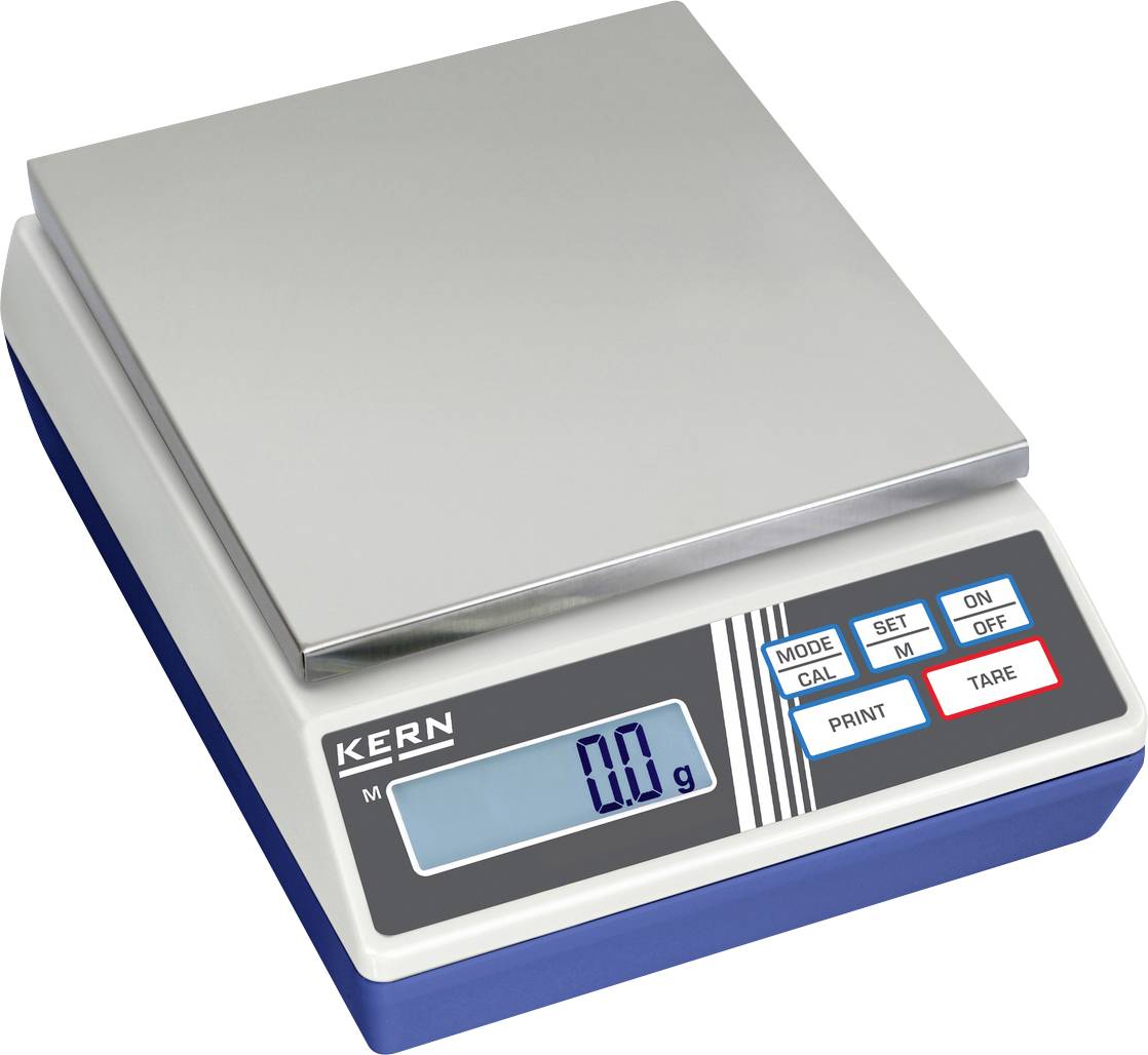 Digitale Waage mit Display zeigt '0,0 g'; Knöpfe für Modus, Kalibrierung, Drucken und Tara sichtbar.