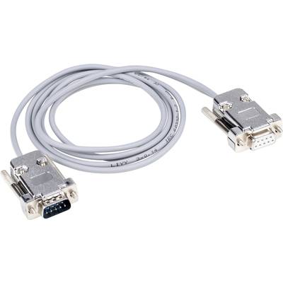 'Serielles RS-232-Kabel, grau, mit zwei metallischen Steckern: einem 9-poligen Stecker und einer 9-poligen Buchse, verbunden durch ein flexibles Kabel.'