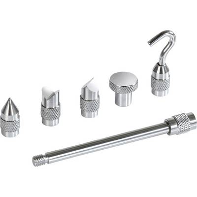 Sechs metallische Präzisionsdüsen und ein Stab mit Gewinde. Unterschiedliche Formen für vielseitige Anwendungen.