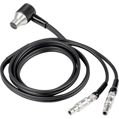 Ein schwarzes Kabel mit zwei Metallanschlüssen und einem runden Mikrofonkopf an einem Ende.