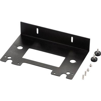 Eine schwarze Halterung aus Metall mit mehreren Schraubenlöchern und vier beiliegenden Schrauben, geeignet zur Wandbefestigung.