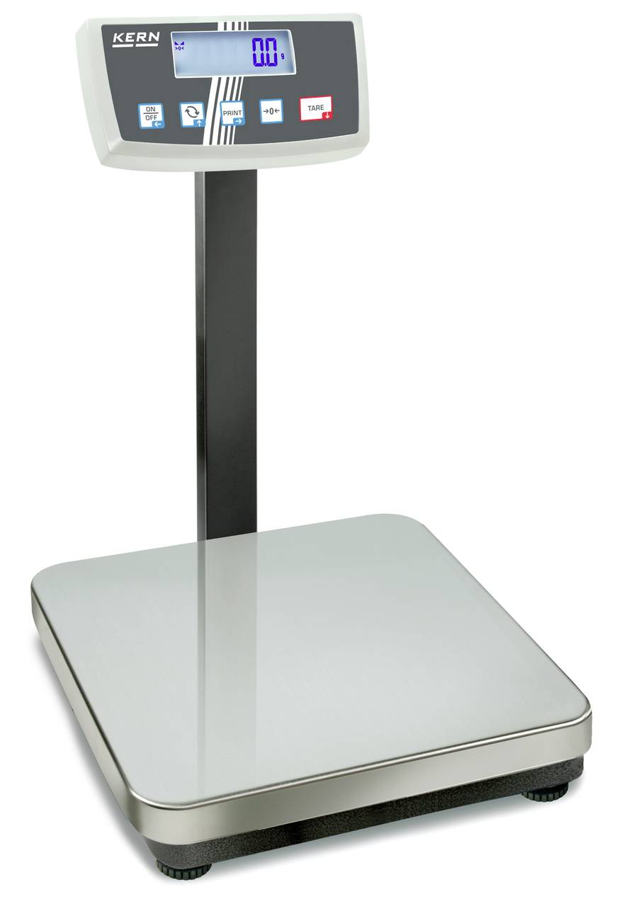 Digitale Waage mit Display, zeigt '0.0' an. Gewichtsanzeige auf moderner Plattformwaage, geeignet für präzise Messungen.
