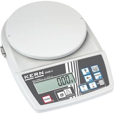 Elektronische Waage der Marke KERN EMB-V mit digitalem Display, zeigt '0,00 g' an. Bedienknöpfe für Tara, Ein/Aus und Druckfunktion sichtbar.