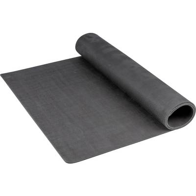 Eine aufgerollte schwarze Yogamatte liegt auf dem Boden.