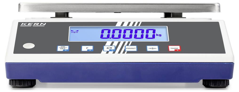 Elektronische Waage mit digitalem Display zeigt '0,0000 kg'. Tasten für Funktionen wie Drucken und Tara sind sichtbar.
