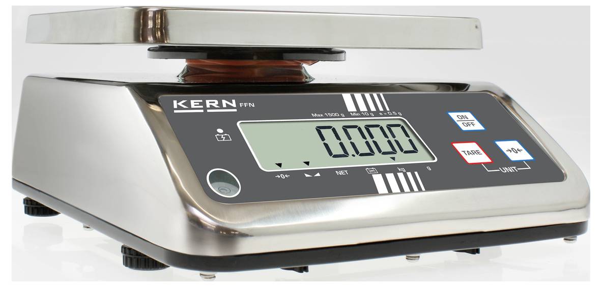 Digitale Küchenwaage aus Metall mit Display, das '0.000' anzeigt. Links das Logo einer Marke. Tasten für Tarieren und Einheiten.