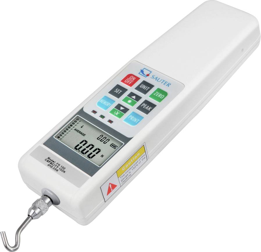 Kraftmessgerät mit digitalem Display, zeigt '0.000' an. Markenname oben. Haken an der Unterseite. Tasten für Bedienung sichtbar.