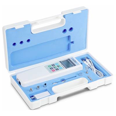 Tragbarer Handkraftmesser in einem weißen Koffer mit blauem Innenleben. Enthält verschiedene Aufsätze und ein Ladekabel.