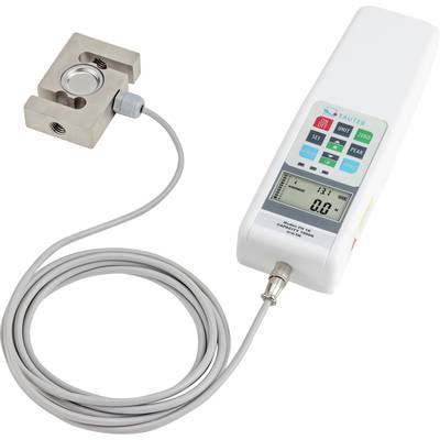 Kraftmessgerät mit digitalem Display, Metallaufsatz mit Sensor, verbunden durch ein Kabel. Anzeige zeigt '0.0'.
