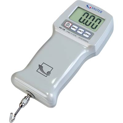 Digitaler Kraftmesser mit Display, das '0.00' anzeigt, Tasten zur Bedienung und Haken zur Befestigung an der Unterseite.