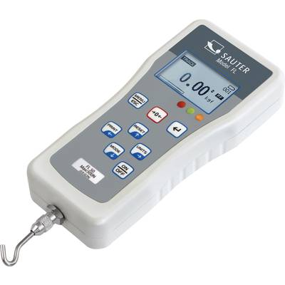 Handkraft-Messgerät mit digitaler Anzeige. Zeigt '0.00 kgf', Tasten zur Steuerung darunter. Haken an der Unterseite.