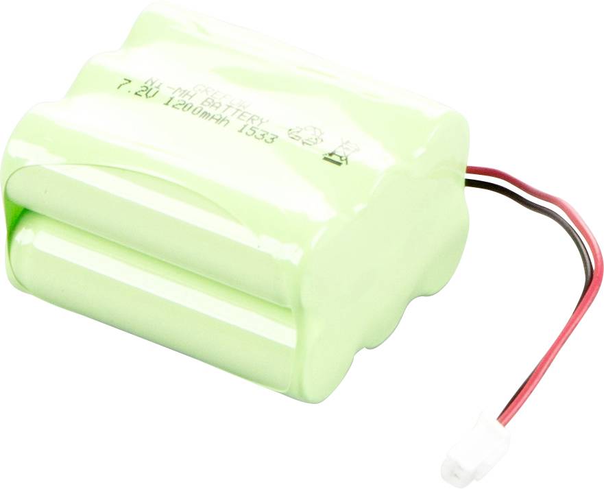 Grüne, wiederaufladbare Batterie mit zwei Anschlusskabeln. Beschriftung: '7.2V 1200mAh'.