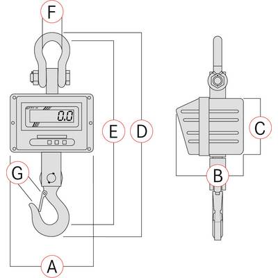 'Diagramm eines elektronischen Lastkrans. A: Haken unten, B: Karosserie, C: Griffe, D: Digitalanzeige, E: Gehäuse, F: Aufhängung, G: Verbindungsbolzen.'