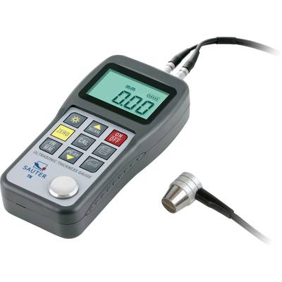 Ultraschall-Dickenmessgerät mit digitalem Display, mehreren Funktionstasten und angeschlossenem Sensor zur Materialstärkemessung.