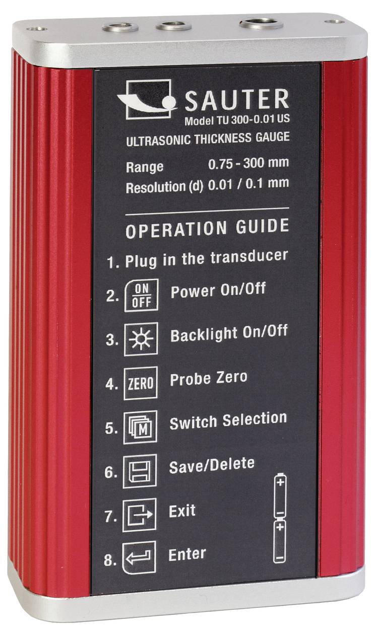 'Ultraschall-Dickenmessgerät von Sauter in Rot. Bedienanleitung auf der Vorderseite mit Anweisungen zum Einschalten und Bedienen.'