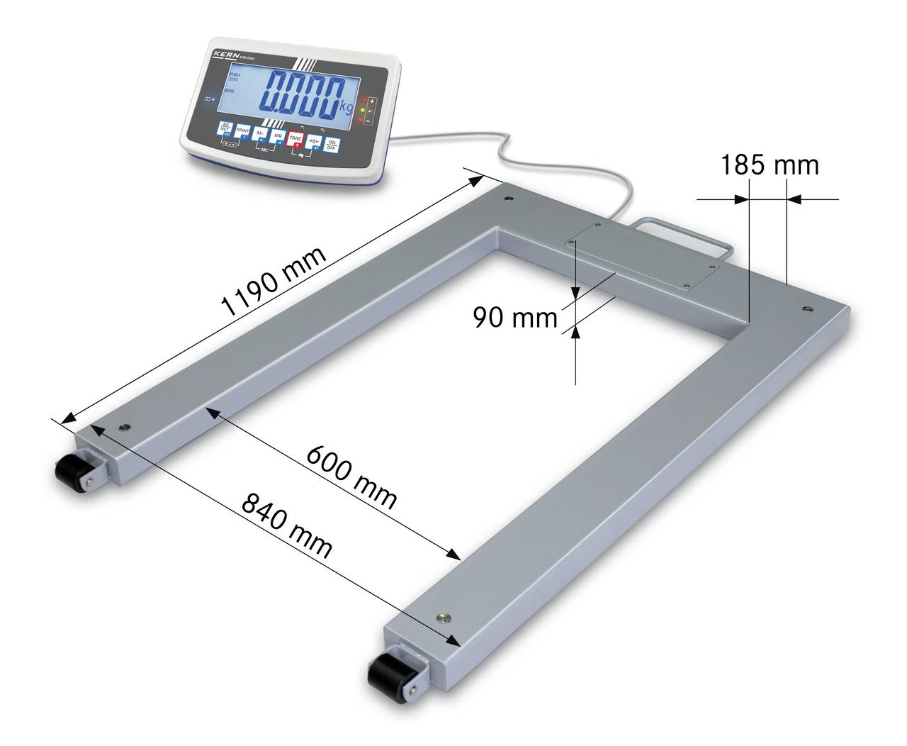 Waage mit digitalem Display, zeigt Maße: 1190 mm Länge, 840 mm Breite, 600 mm Innenbreite, 90 mm Höhe, 185 mm Displayhöhe.