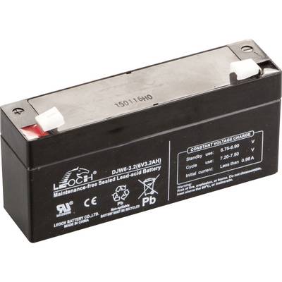 Eine schwarze, wartungsfreie Bleisäurebatterie von LEOCH, Modell DJW6-3.2. Aufdruck mit technischen Daten und Warnhinweisen.