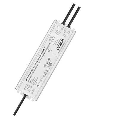 Osram LED-Treiber, rechteckiger Metallkörper, mit Beschriftungen und Symbolen, zwei schwarze Kabel an beiden Enden.