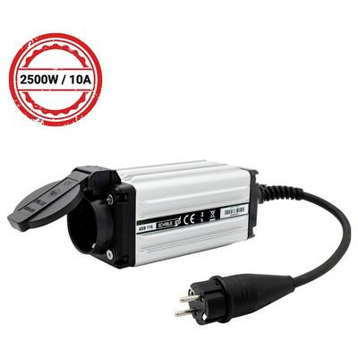 Industrieller Elektrosteckdosenadapter mit angebrachtem Stromkabel und Stecker, gekennzeichnet mit „2500W / 10A".