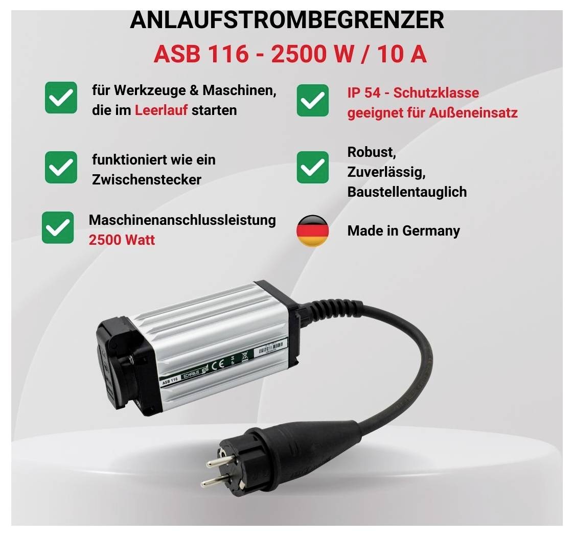 Werbegrafik für einen Anlaufstrombegrenzer 'ASB 116 - 2500 W / 10 A' mit Steckgerät und Hinweisen zu 2500 Watt, IP54, Leerlaufstart und Made in Germany.