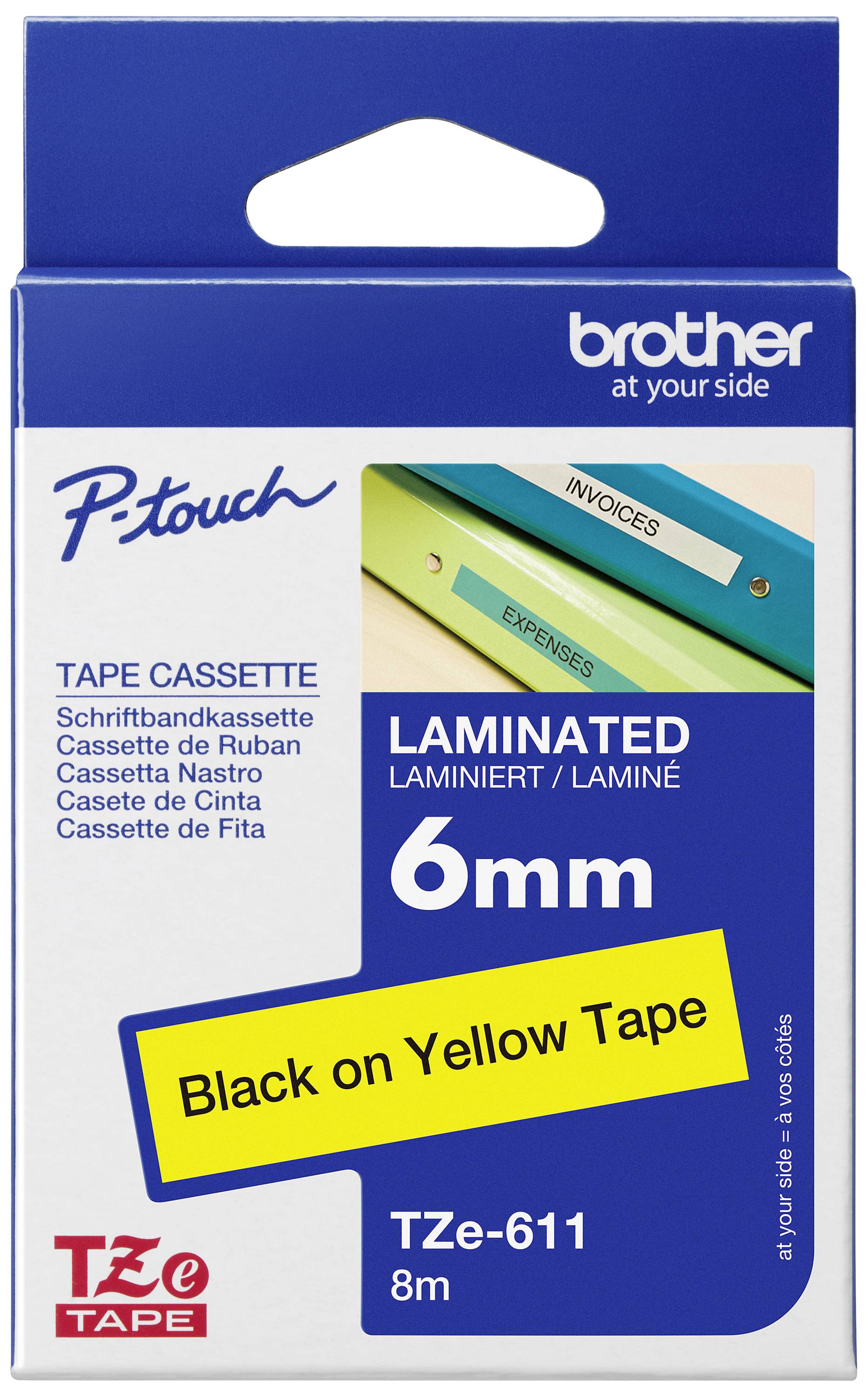 Schriftbandkassette für Beschriftungsgerät, laminiert, 6 mm breit, 8 m lang. Farbe: Schwarz auf gelbem Band. Marke: Brother.