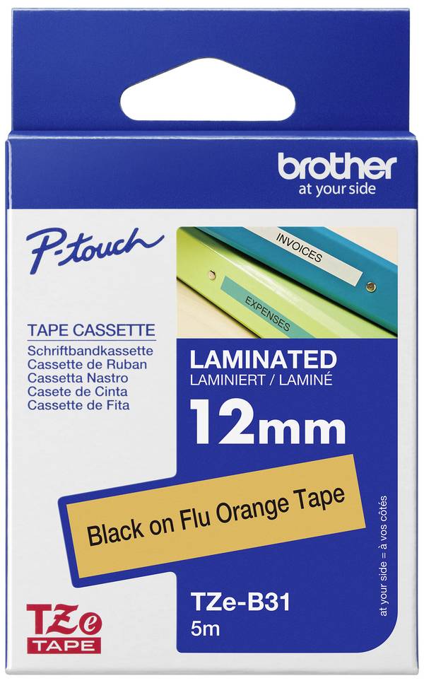 Etiketten Brother TZe TZe-B31 Kunststoff Bandfarbe: Signal-Orange Schriftfarbe:Schwarz 12 mm 5 m
