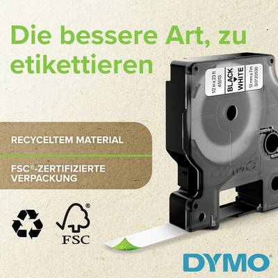 Etikettiergerät von Dymo mit recyceltem Material. 'Die bessere Art, zu etikettieren.' FSC-zertifizierte Verpackung mit Recycling-Symbol.