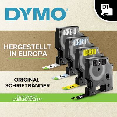 Etikettendrucker-Kartuschen von Dymo. Text: 'Hergestellt in Europa', 'Für Dymo LabelManager'. Drei Kartuschen in verschiedenen Farben.
