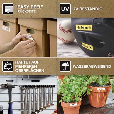 'Rückseite: Easy Peel', 'UV-beständig', 'Haftet auf mehreren Oberflächen', 'Wasserabweisend'. Bilder zeigen entsprechende Anwendungsbereiche.