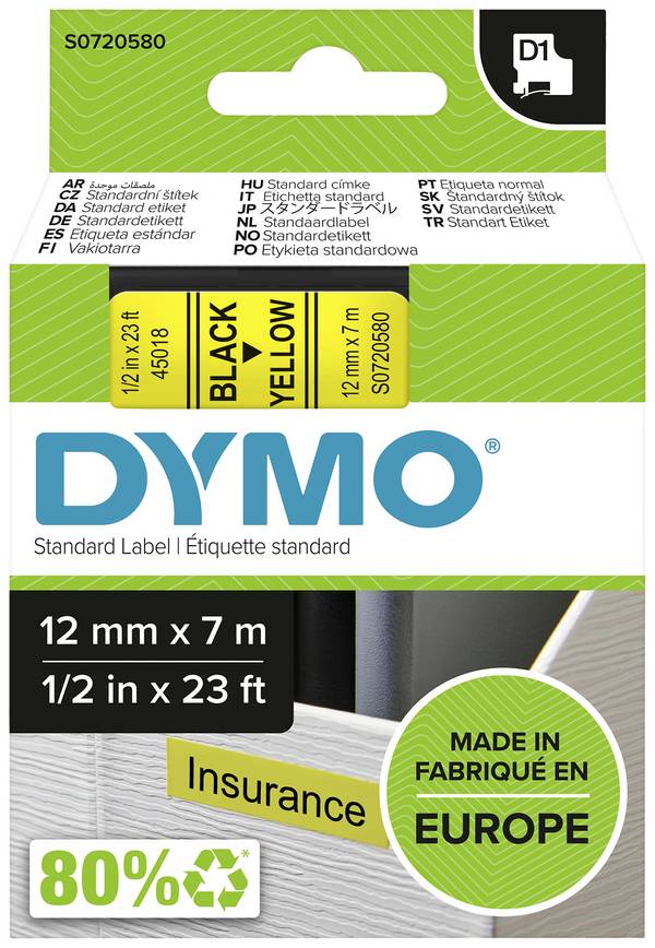 Etiketten DYMO D1 45018 Polyester Bandfarbe: Gelb Schriftfarbe:Schwarz 12 mm 7 m
