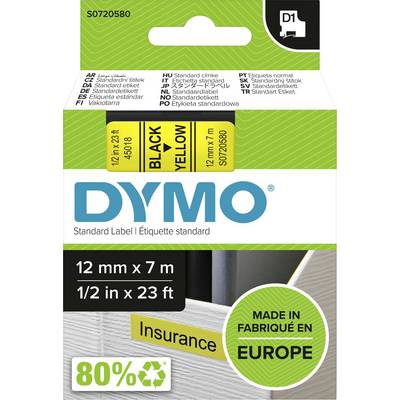 'DYMO'-Etikettenverpackung: Standard-Etiketten in Schwarz auf Gelb, 12 mm x 7 m, geeignet für Versicherungsmappen. Hergestellt in Europa.