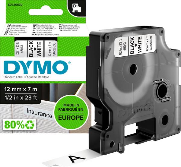 Etiketten  DYMO D1 45013 Polyester Bandfarbe: Weiß Schriftfarbe:Schwarz 12 mm 7 m