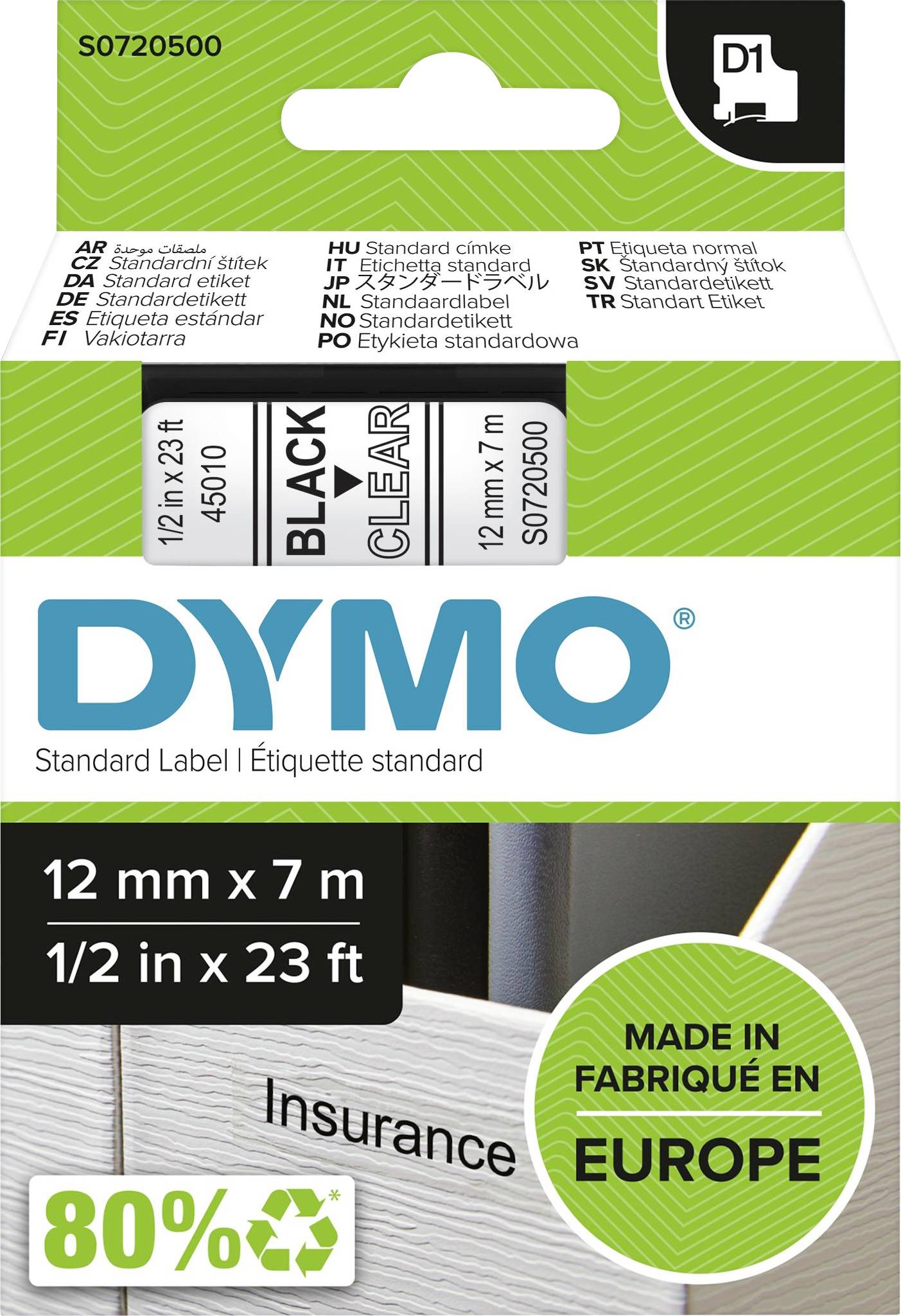 4PC Schriftband Kasette für DYMO D1 45010 12mm 7m Schwarz auf Clear LM 210D 360D 