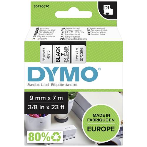 Schriftband DYMO D1 40910 Polyester Bandfarbe: Transparent Schriftfarbe:Schwarz 9 mm 7 m