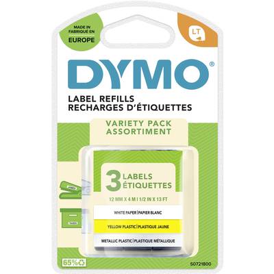 DYMO 91241 Schriftband 3er Set  Bandfarbe: Hyper-Gelb, Silber, Weiß Schriftfarbe: Schwarz 12 mm 4 m S0721800