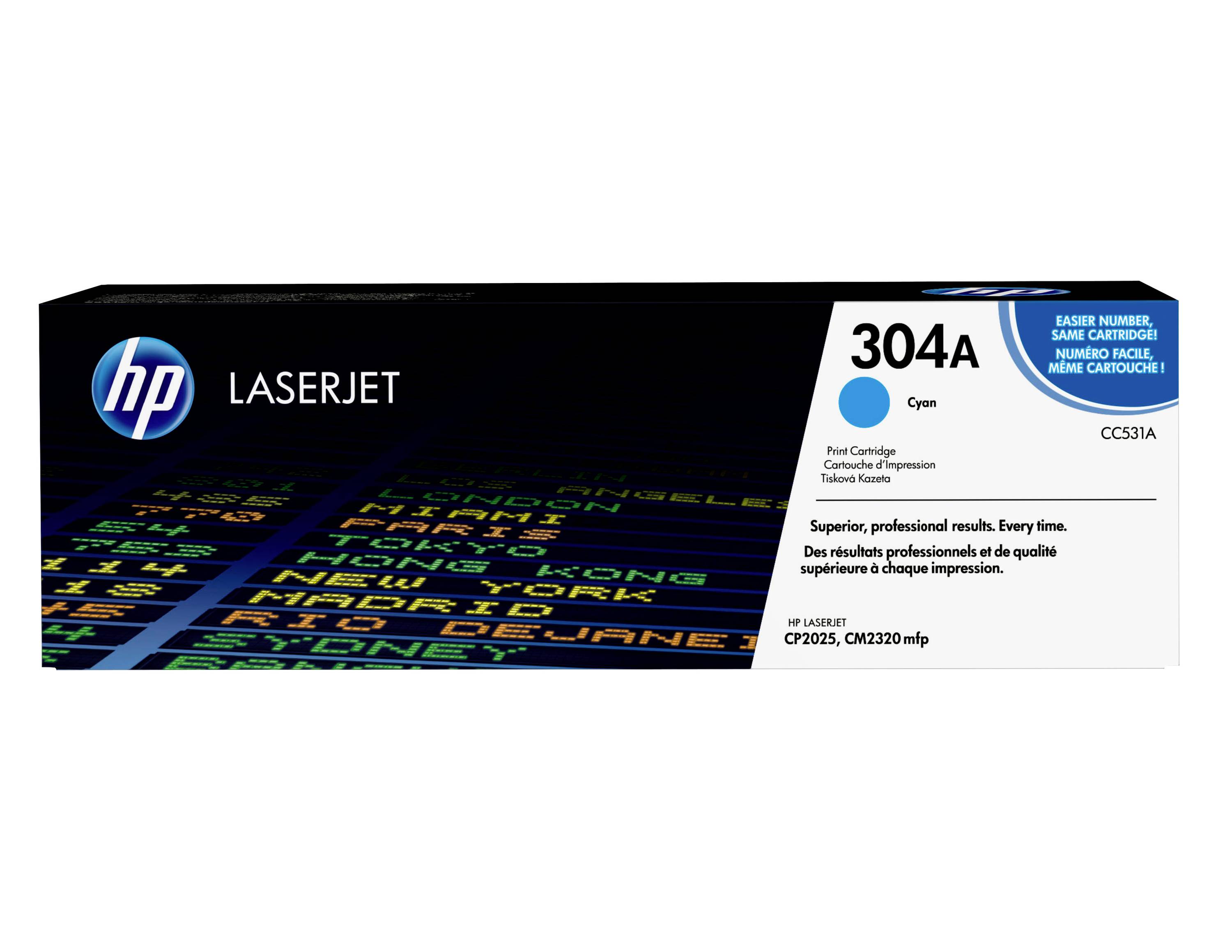 HP LaserJet 304A Cyan-Druckkassette, Karton mit Etikett CC531A und Produktkompatibilitätstext für Drucker der Serie CP2025 und CM2320.