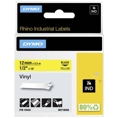 'DYMO Rhino Industrial Labels', schwarz auf gelbem Vinyl, Größe 12mm x 5,5m. Hauptnutzung: Industrieetikettierung.