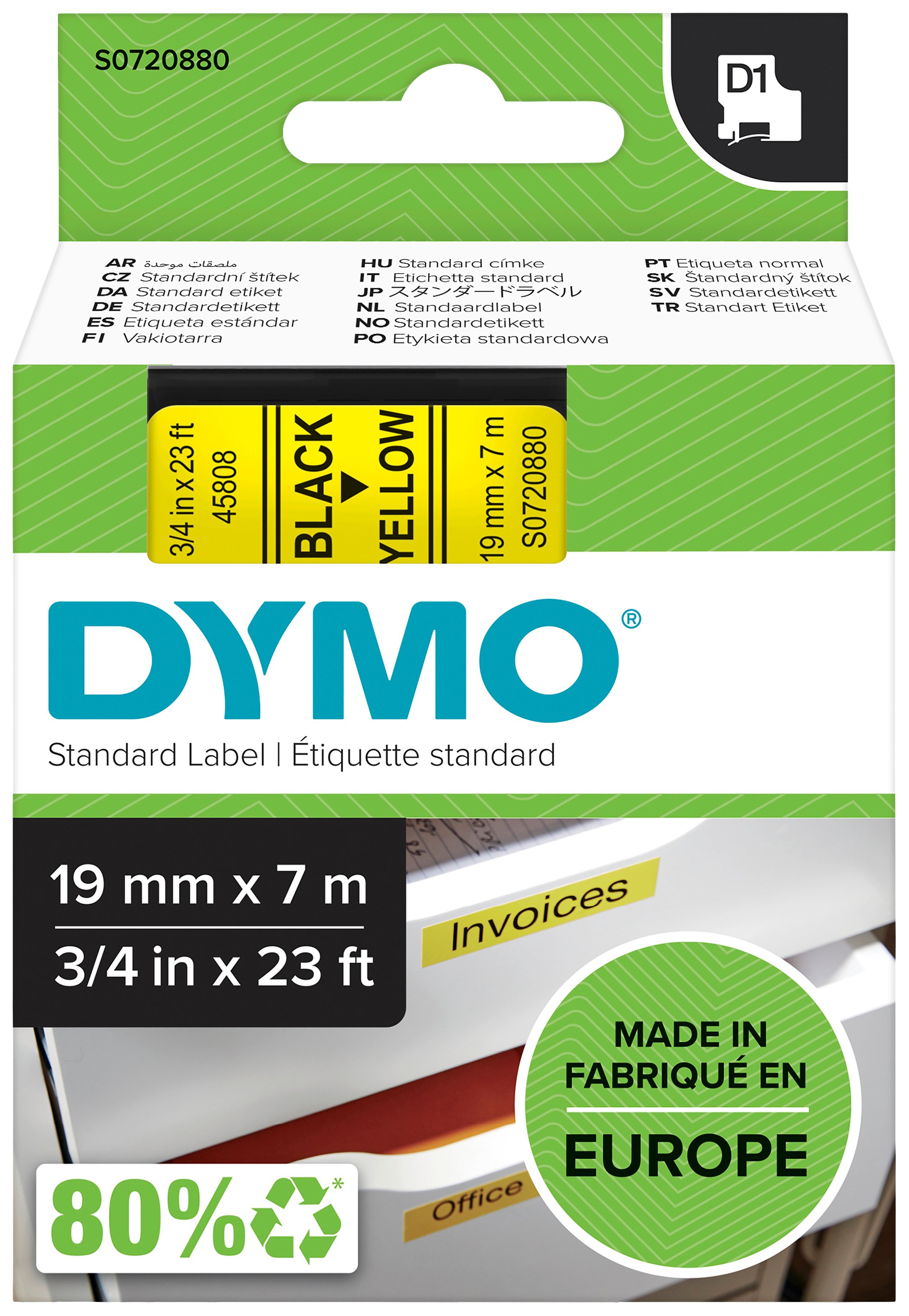 DYMO D1 45808 Bandfarbe: Gelb Schriftfarbe:Schwarz 19 mm 7 m