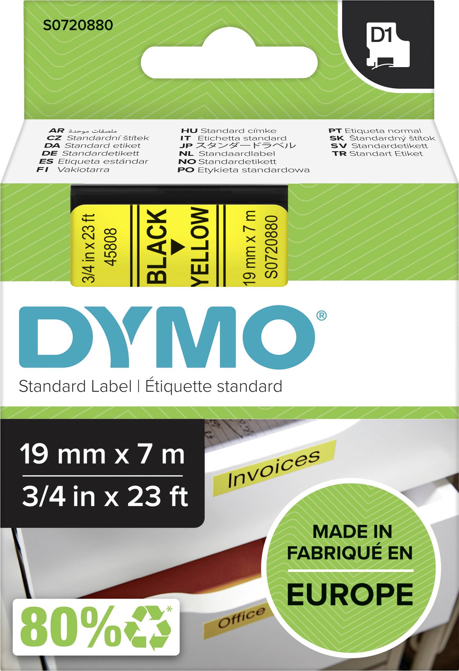 'DYMO' Etikettenverpackung mit Text 'Standard Label' und 'Made in Europe'. Maße: 19 mm x 7 m. Farben: Schwarz auf Gelb. 80% recycelt.